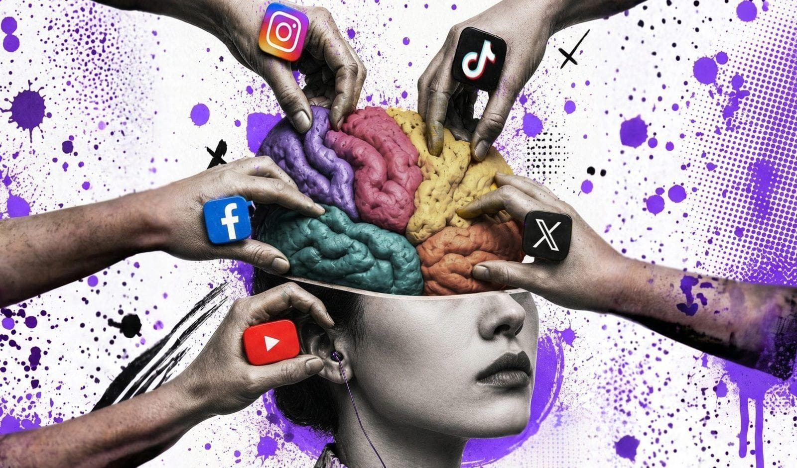 Artwork of a head opening into a colourful brain with hands placing social media logos.